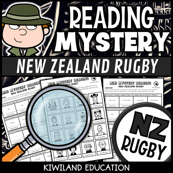New Zealand rugby reading mystery comprehension questions worksheet with suspect line-up