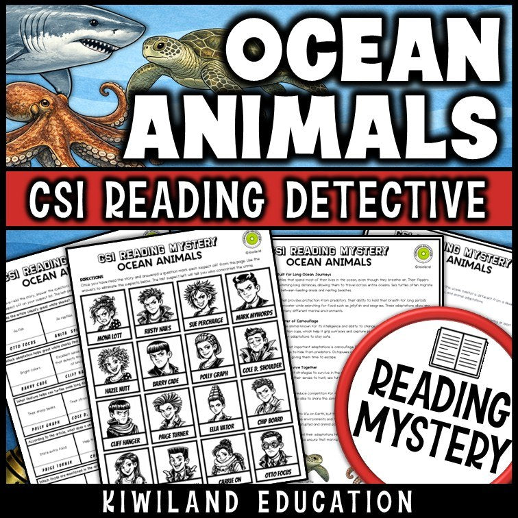 Ocean animals reading mystery comprehension questions worksheet with suspect line-up