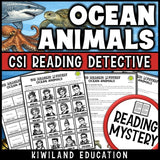 Ocean animals reading mystery comprehension questions worksheet with suspect line-up