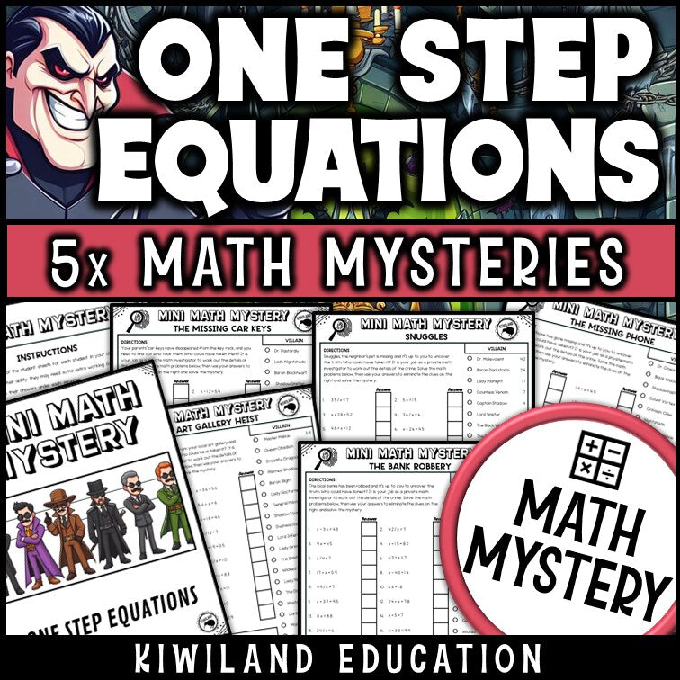 Solving one-step equations math mystery worksheets cover