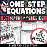 Solving one-step equations math mystery worksheets cover