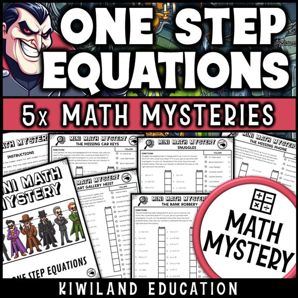 Solving one-step equations math mystery worksheets cover