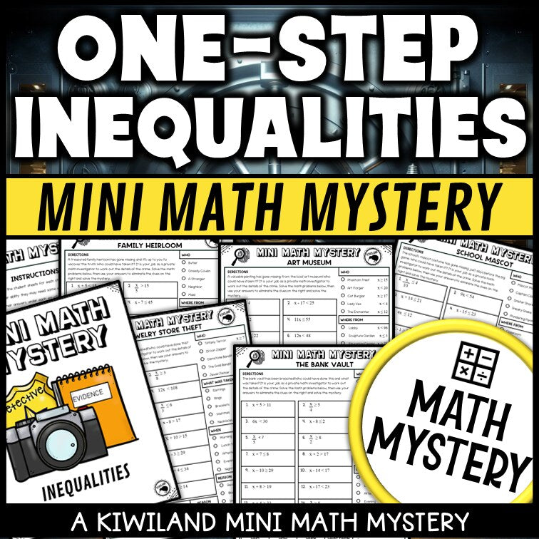 Solving one-step inequalities math mystery worksheets cover