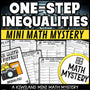 Solving one-step inequalities math mystery worksheets cover