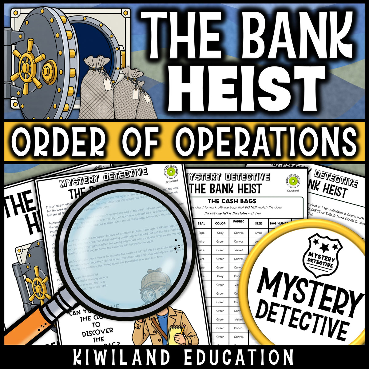 Order of operations math detective story suspect chart bank heist printable