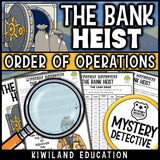 Order of operations math detective story suspect chart bank heist printable
