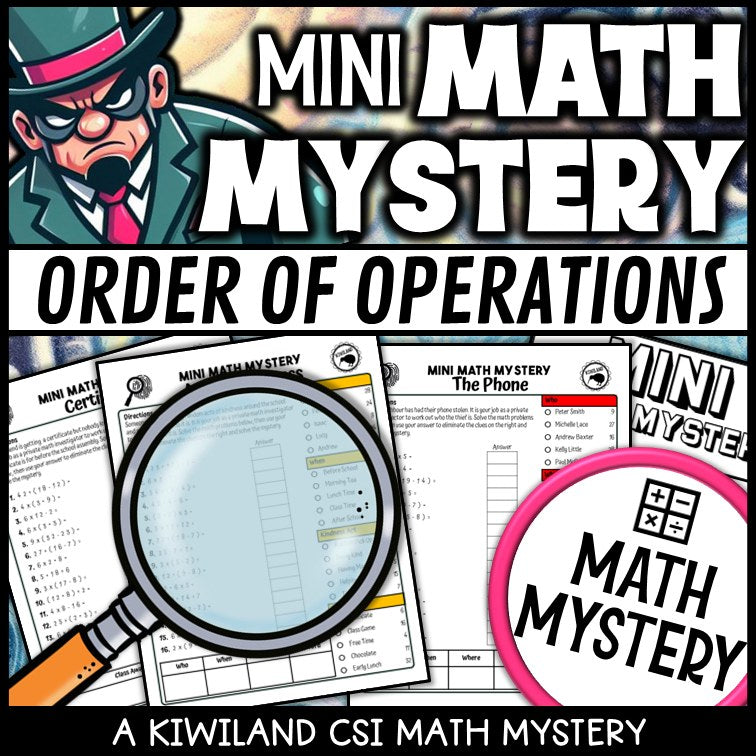 Detective suspect-elimination order of operations worksheet page
