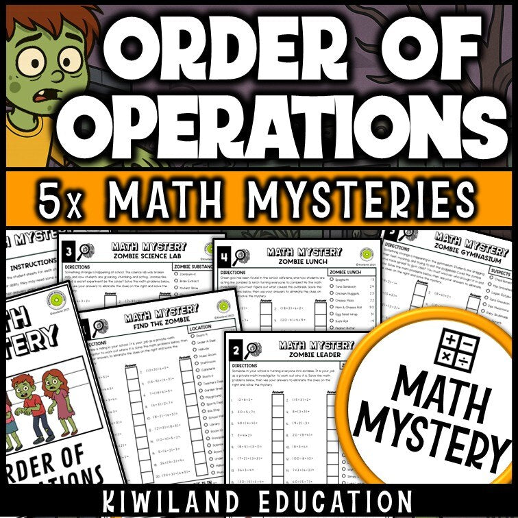 Order of operations no-exponents zombie Math Mystery worksheets, detective cover grades 5-7