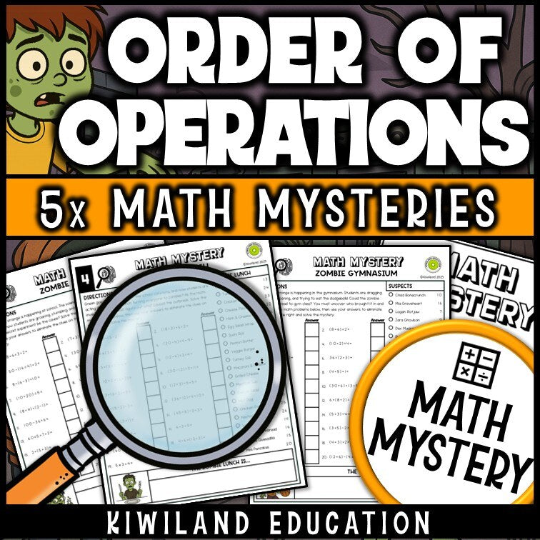 Order of operations clue-elimination page for the zombie Math Mystery