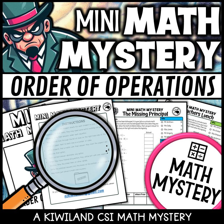 Sample order of operations worksheet with suspect clue list, no exponents