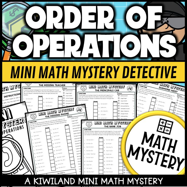 Order of Operations PEMDAS Math Mystery worksheets cover for grades 3-8