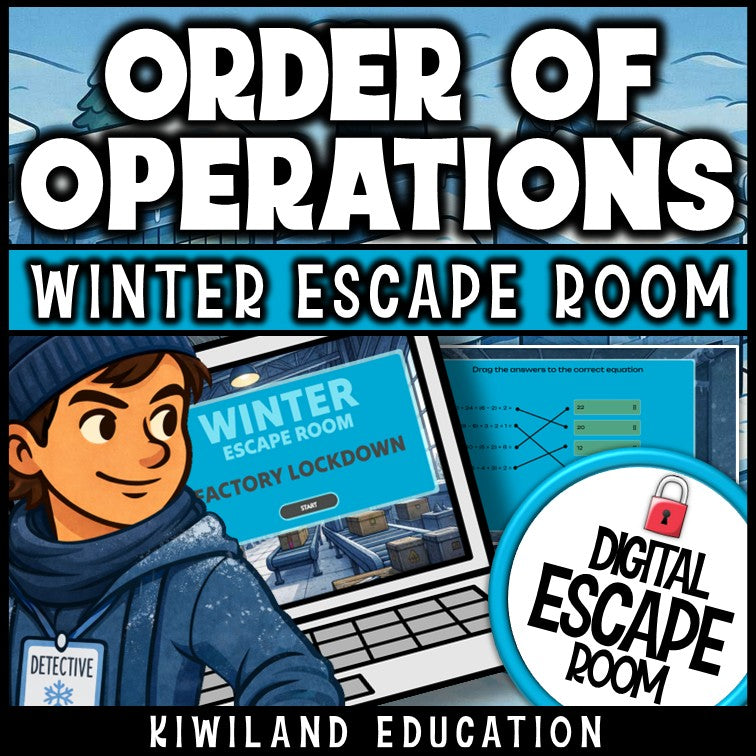 Order of operations winter digital escape room cover, grades 4–8 math