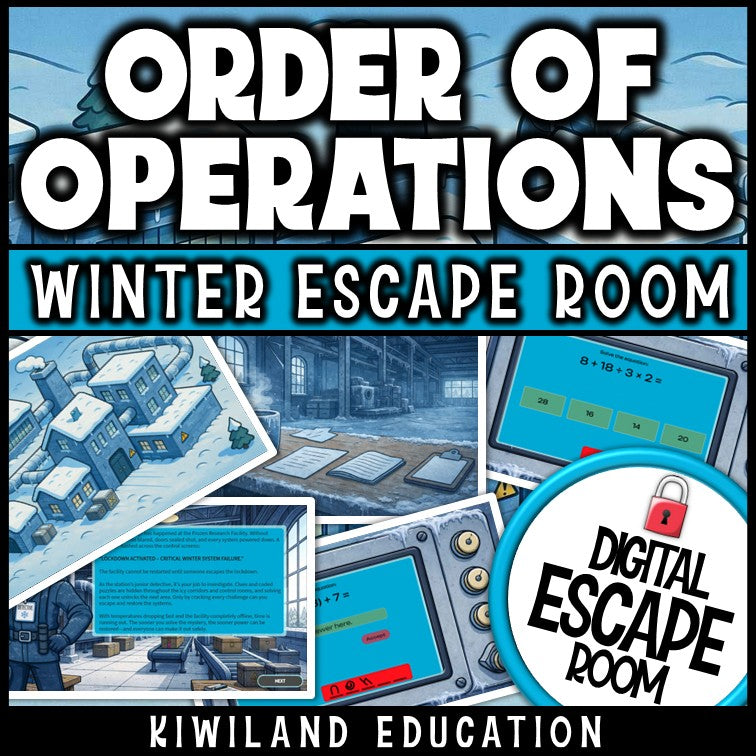Winter-themed order of operations escape room puzzle screen