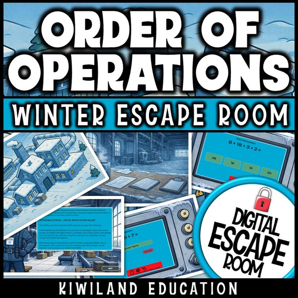 Winter-themed order of operations escape room puzzle screen