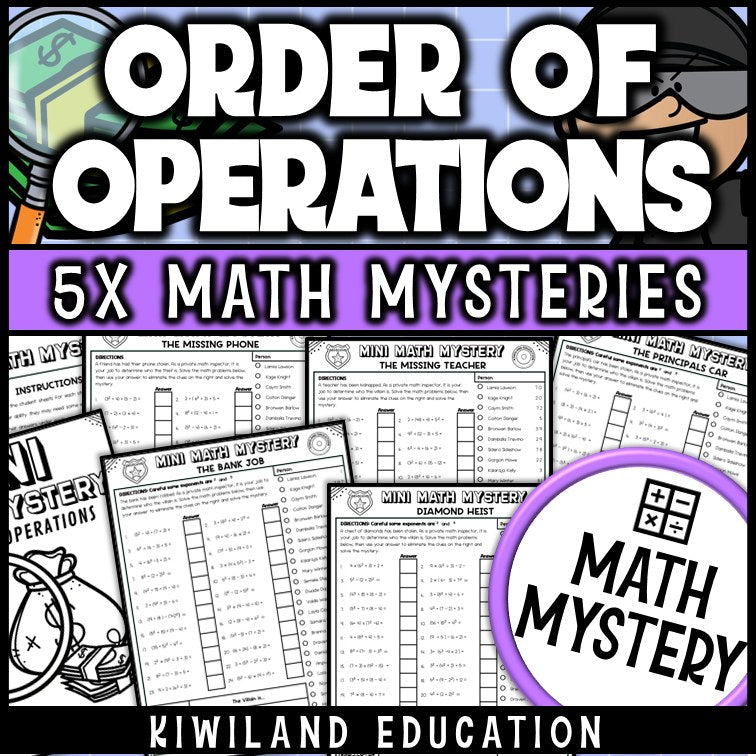 Order of Operations with Exponents PEMDAS Math Mystery worksheets cover - 5 printable detective cases