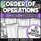 Order of Operations with Exponents PEMDAS Math Mystery worksheets cover - 5 printable detective cases