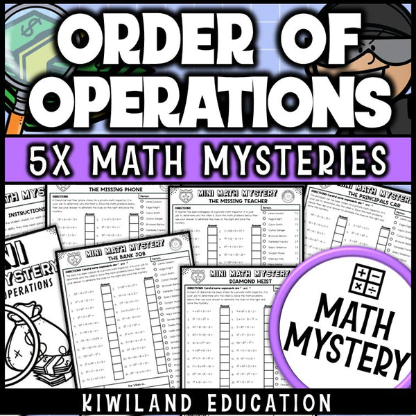 Order of Operations with Exponents PEMDAS Math Mystery worksheets cover - 5 printable detective cases