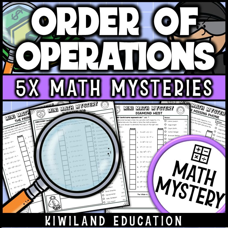 PEMDAS with exponents detective math mystery printable activity
