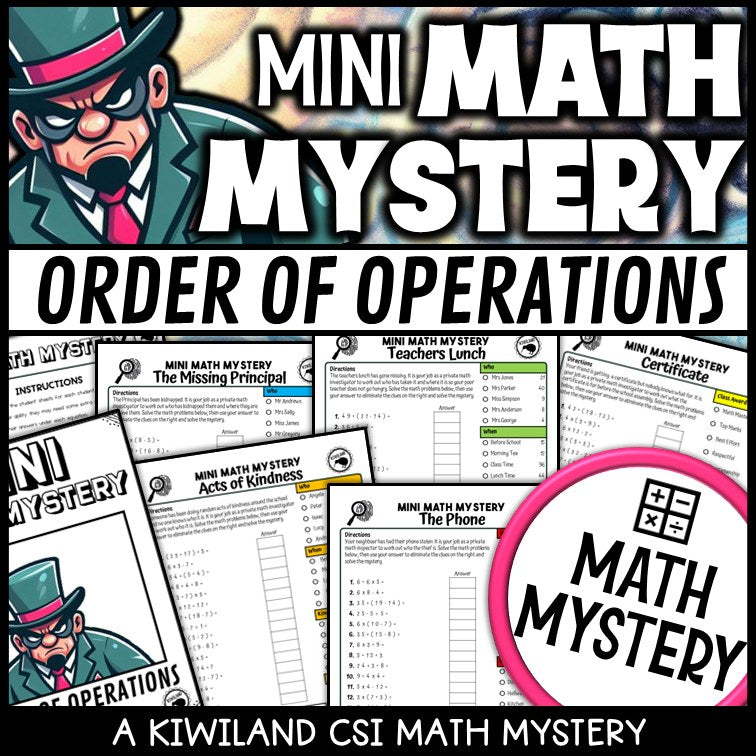 Order of operations with parentheses math mystery worksheets, detective cover grades 3-6