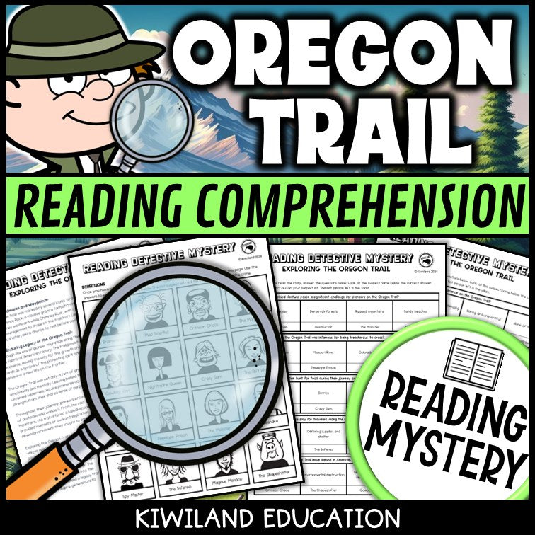 Oregon Trail reading mystery comprehension questions worksheet with suspect line-up
