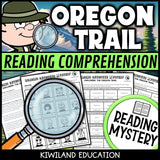 Oregon Trail reading mystery comprehension questions worksheet with suspect line-up