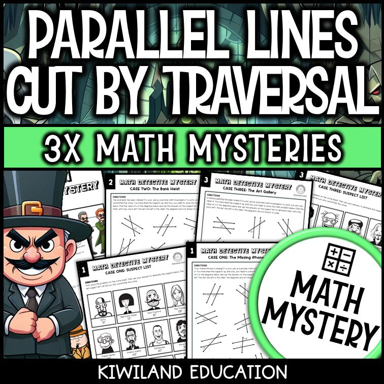 Parallel lines and transversals Math Mystery worksheets, detective cover for grades 8-10