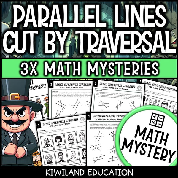 Parallel lines and transversals Math Mystery worksheets, detective cover for grades 8-10