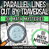 Math detective suspect line-up page for solving parallel lines and transversal angles