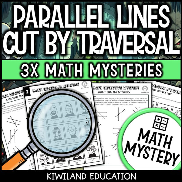 Math detective suspect line-up page for solving parallel lines and transversal angles