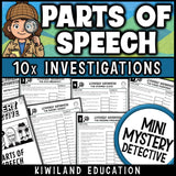 Parts of speech review grammar worksheets for 3rd grade, ten no prep detective cases on nouns, verbs, adjectives, adverbs and pronouns with answer keys