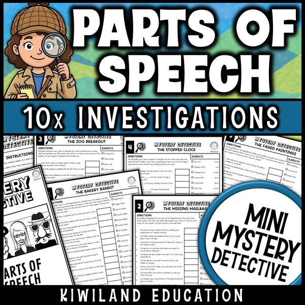 Parts of speech review grammar worksheets for 3rd grade, ten no prep detective cases on nouns, verbs, adjectives, adverbs and pronouns with answer keys