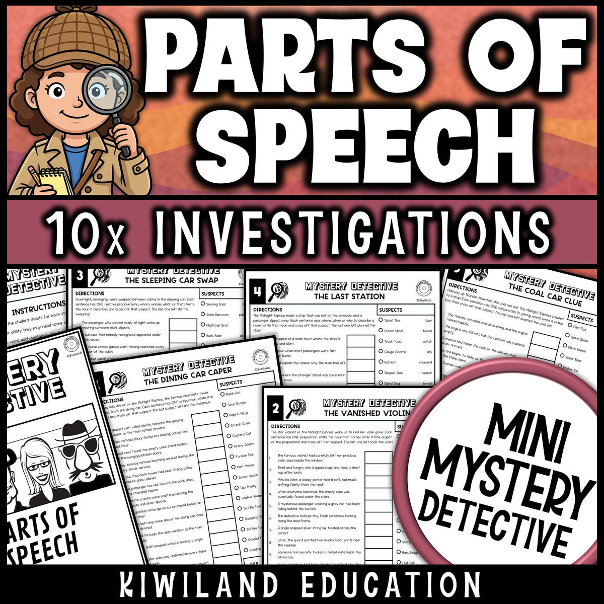 Parts of speech review grammar worksheets for 4th and 5th grade, ten no prep detective cases on prepositions, conjunctions and interjections with answer keys