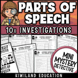 Parts of speech review grammar worksheets for 4th and 5th grade, ten no prep detective cases on prepositions, conjunctions and interjections with answer keys