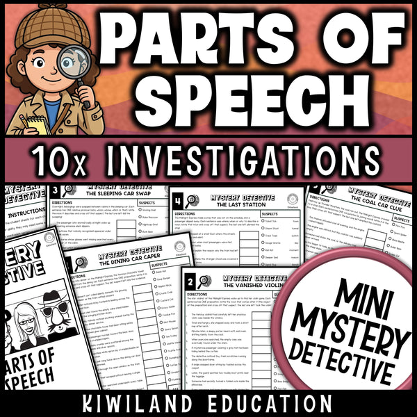 Parts of speech review grammar worksheets for 4th and 5th grade, ten no prep detective cases on prepositions, conjunctions and interjections with answer keys