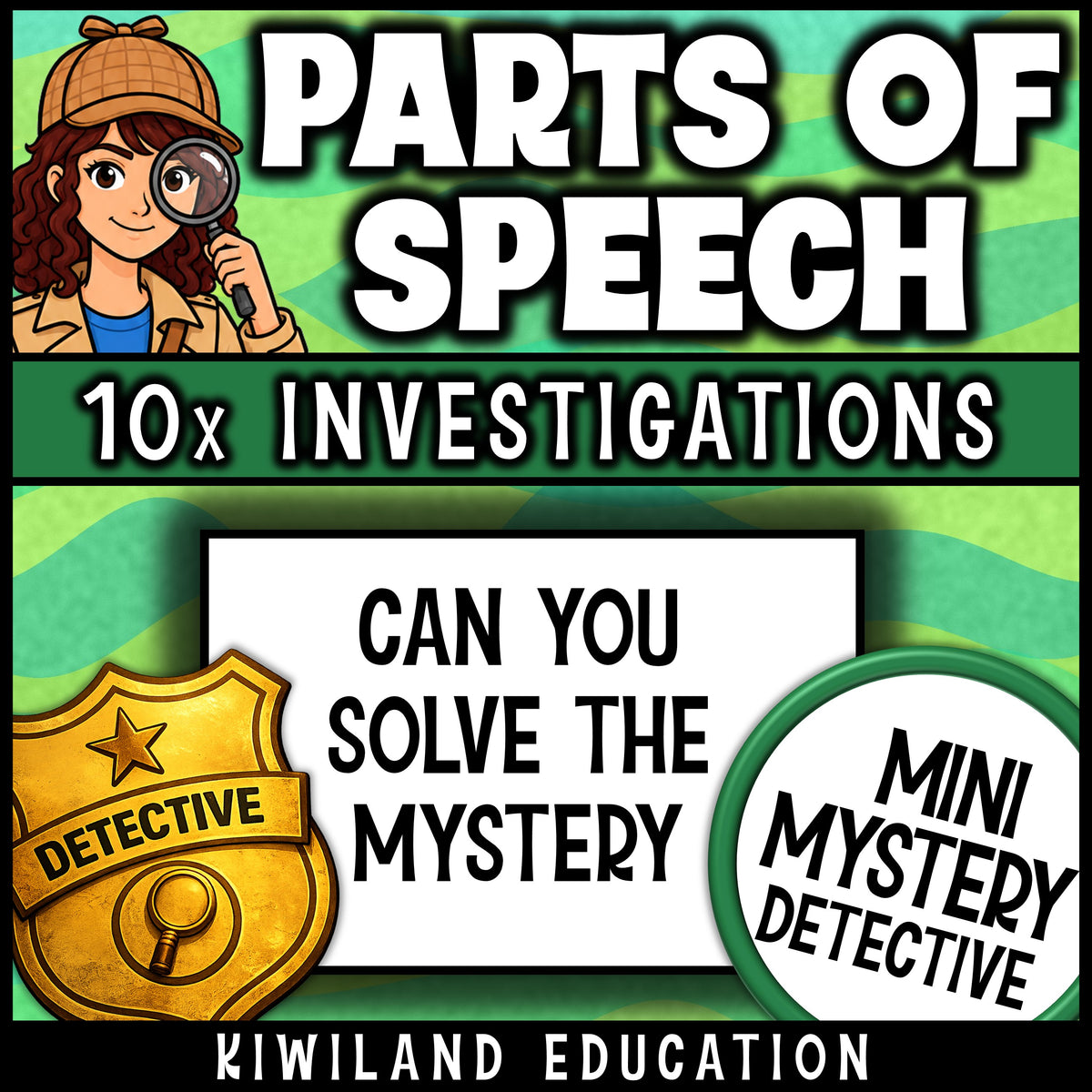 Can you solve the mystery? Print and go parts of speech review for 6th, 7th and 8th grade homework, test prep and sub plans