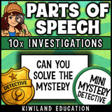 Can you solve the mystery? Print and go parts of speech review for 6th, 7th and 8th grade homework, test prep and sub plans