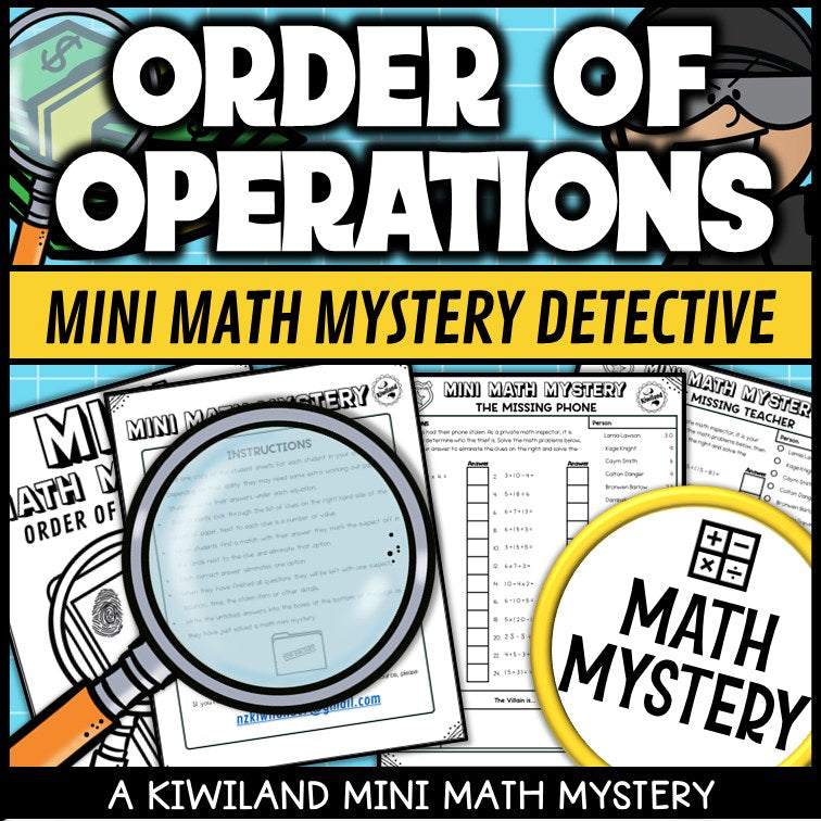 PEMDAS no-exponents mini math mystery detective worksheets preview