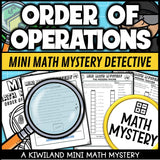 PEMDAS no-exponents mini math mystery detective worksheets preview