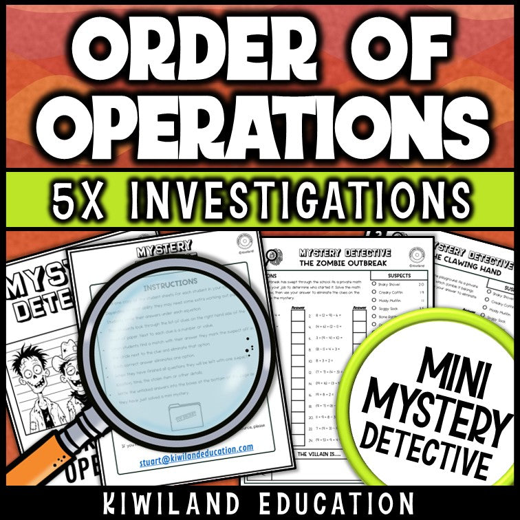 Pemdas whole number practice halloween mystery detective grades 4-6