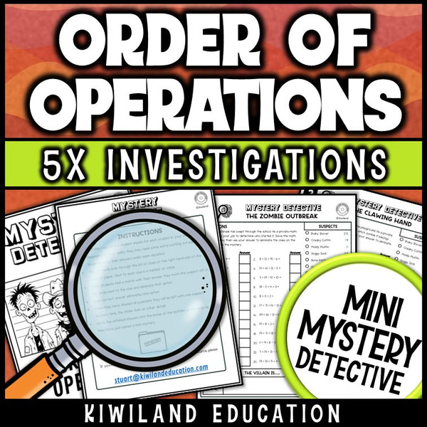 Pemdas whole number practice halloween mystery detective grades 4-6