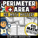 Perimeter and Area CSI Math Mystery cover - geometry detective activity for grades 3-5