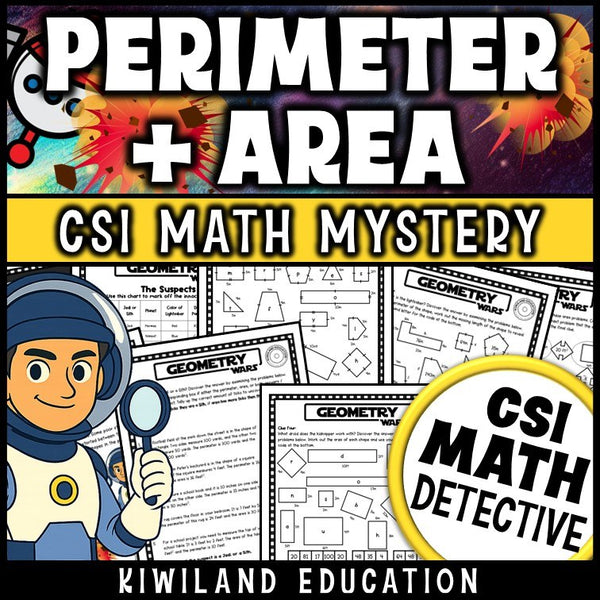 Perimeter and Area CSI Math Mystery cover - geometry detective activity for grades 3-5