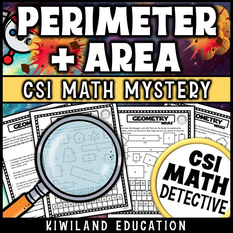 Geometry detective worksheets - solving perimeter and area clues to crack the case