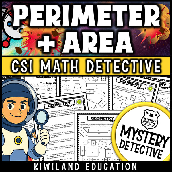 Perimeter area geometry mystery detective worksheets grades 3-5