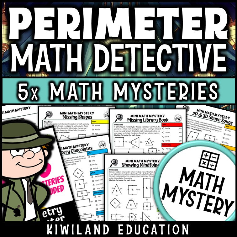 Perimeter math mystery worksheets cover - customary and metric printable detective pack