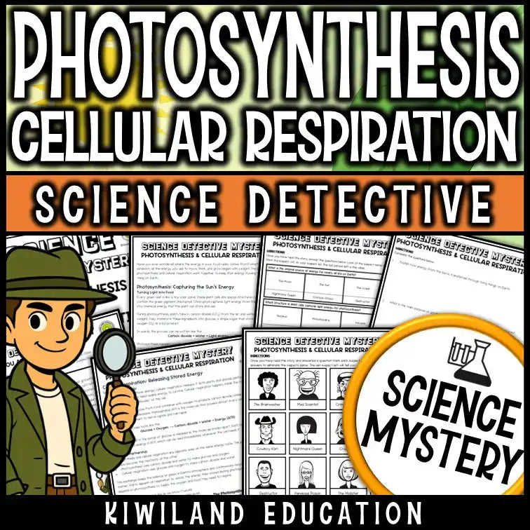 Photosynthesis and Cellular Respiration CSI Science Mystery printable worksheet set for middle school