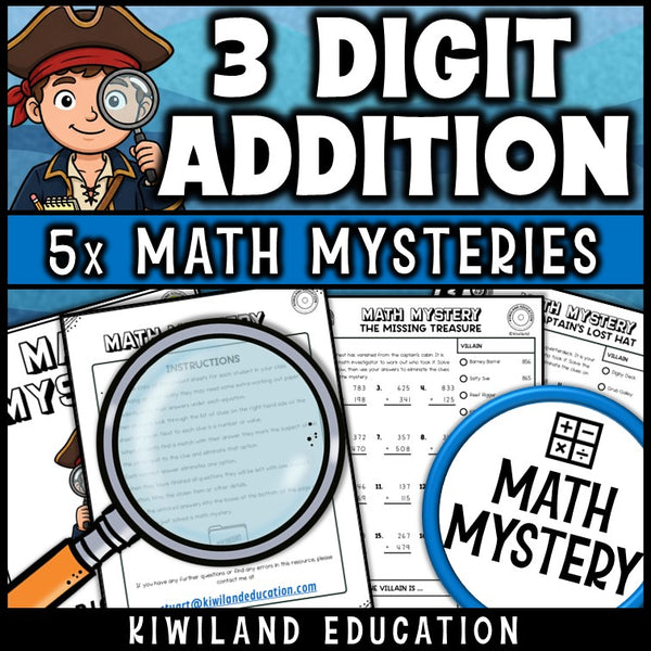 Pirate math mystery 3-digit column addition, printable no prep with instructions page
