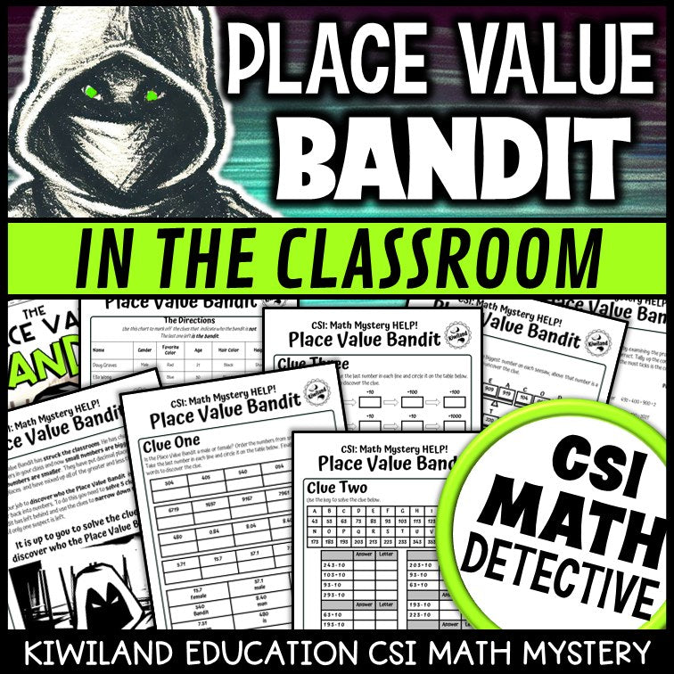 Place Value Bandit in the Classroom CSI Math Mystery cover - Grades 2-4 printable PDF