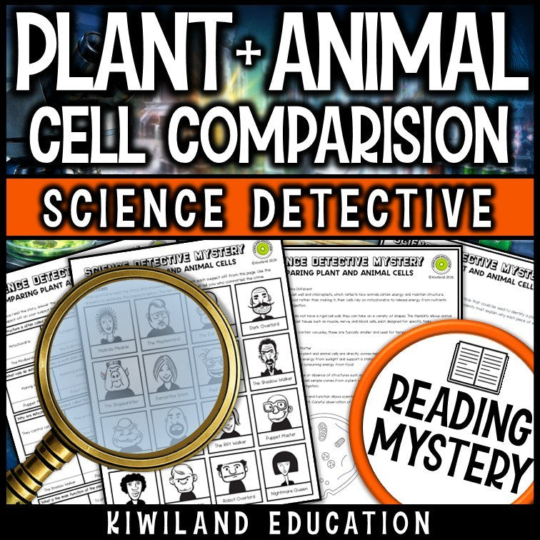 Plant and animal cells reading mystery comprehension questions worksheet with suspect line-up