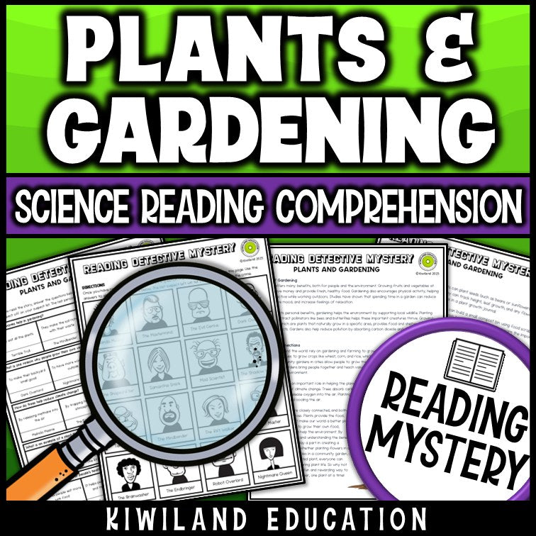 Plants and gardening reading mystery comprehension questions worksheet with suspect line-up
